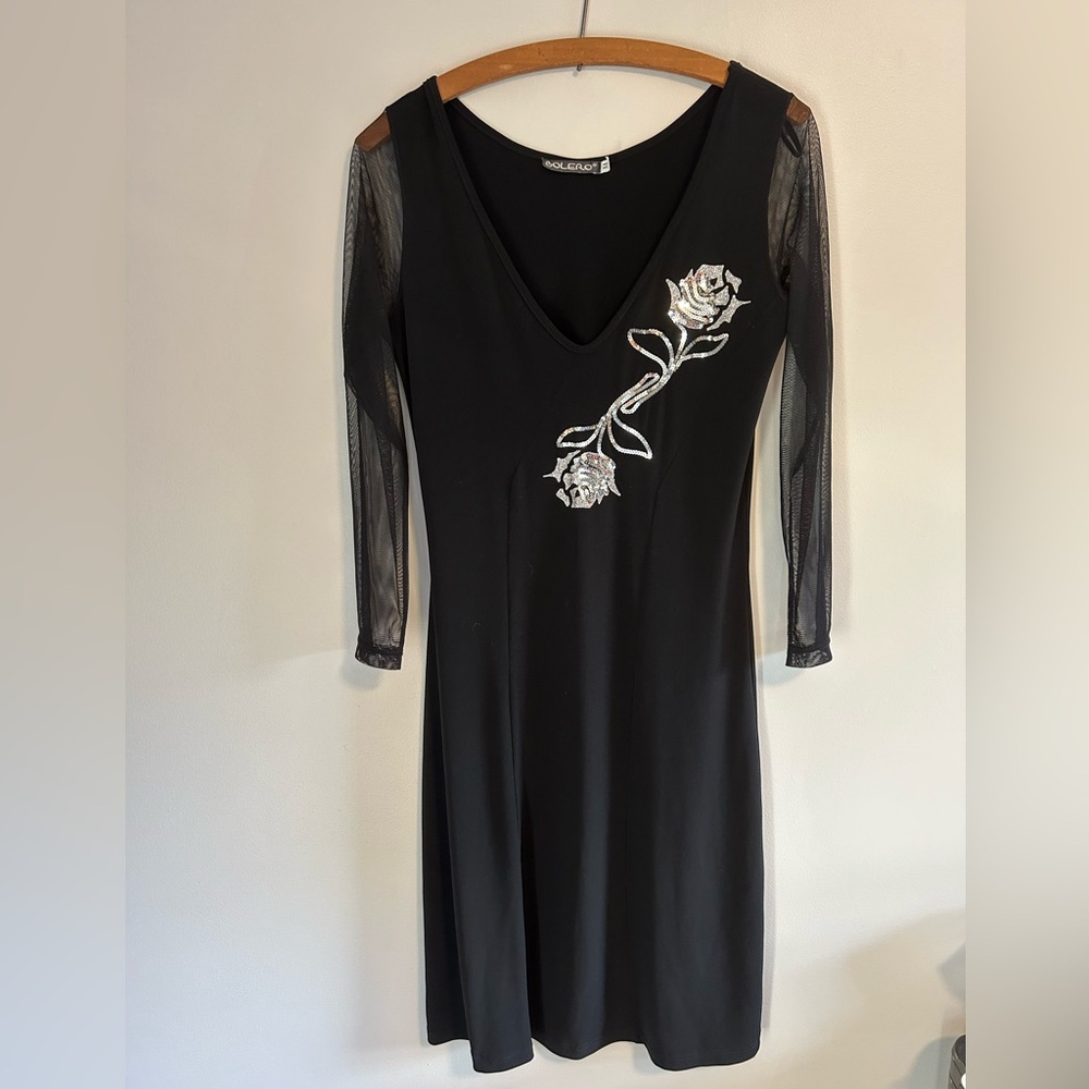 3/$20) Bolero medium black sheer long sleeve vneck silver sequin rose midi dress